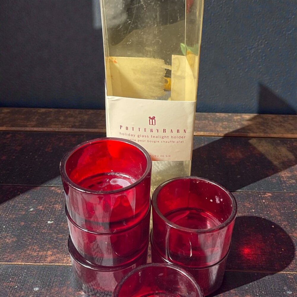Pottery Barn Red Glass Tealight & Votive Candle Holders Set of 6